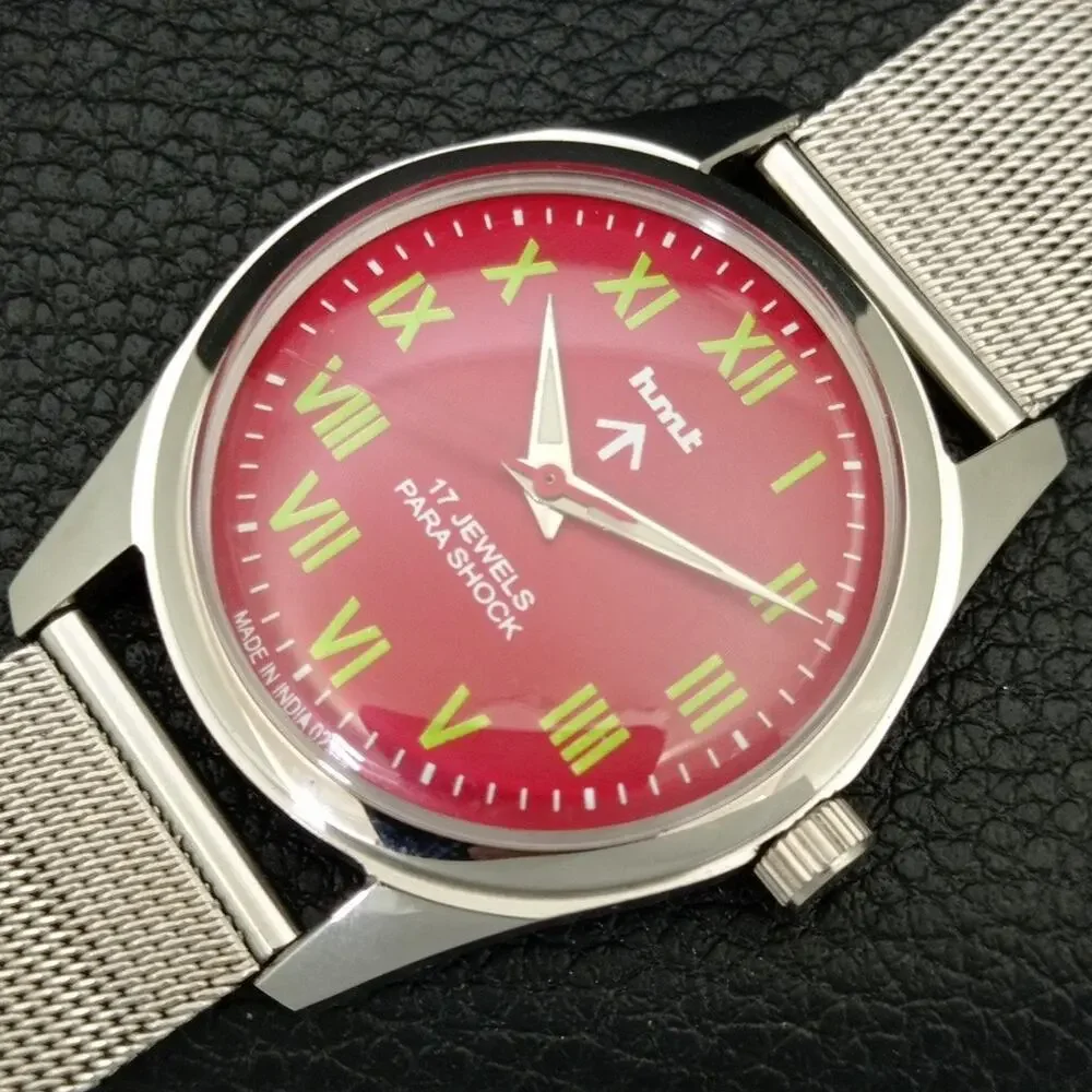 Vintage 1986 HMT Manual Wound Mens Silver Watch & Red accents